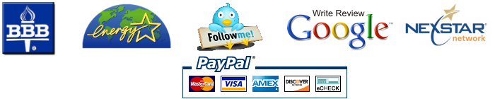 BBB, Energy Star, Twitter, Google, Nexstar, Paypal, MasterCard, Visa, Amex, Discover and Check